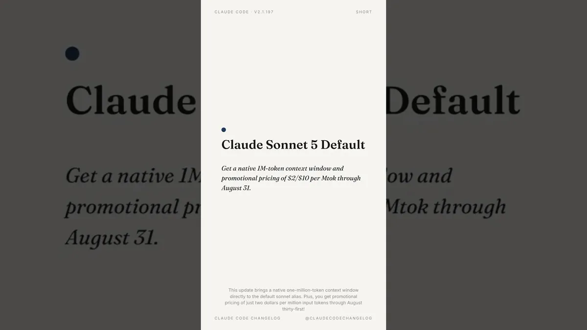 Claude Code 2.1.197 release card showing Sonnet 5 as the new default model