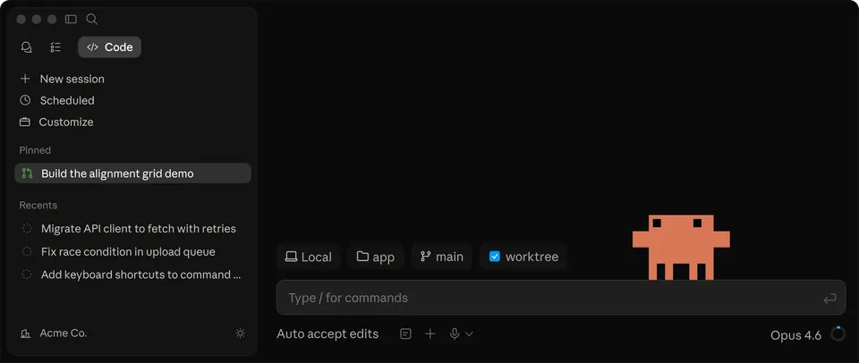 Claude Code desktop app showing the session interface and agent view