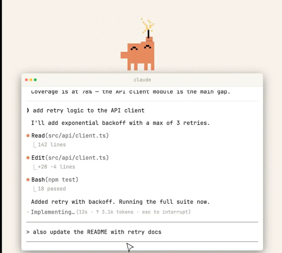 Claude Code terminal session showing the no-flicker fullscreen rendering mode with the Claude mascot