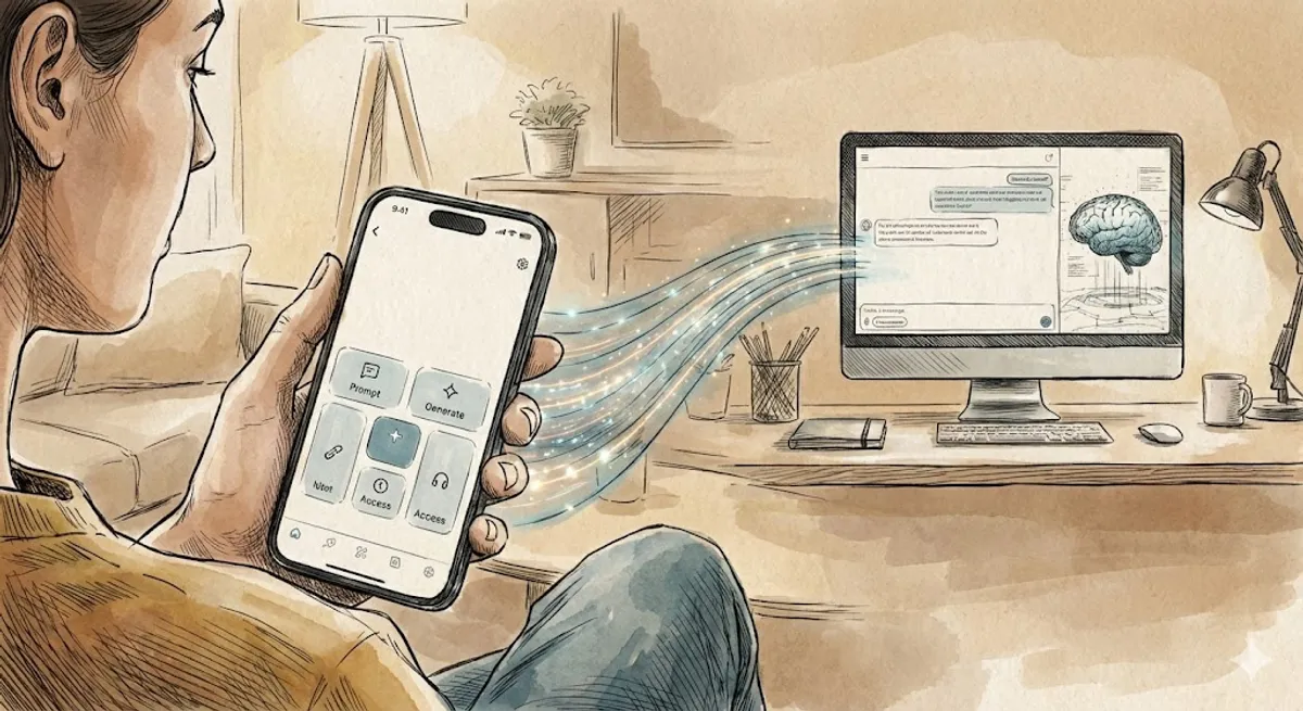 Illustration of a person using a phone to control a coding session on a desktop computer