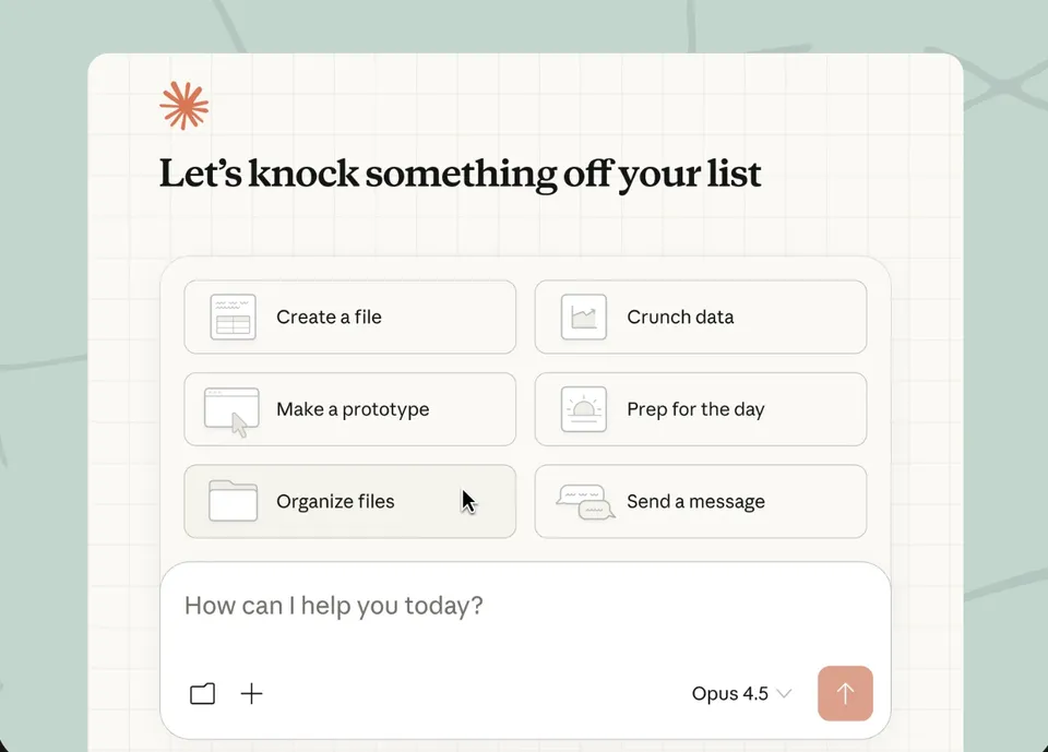 Claude Cowork interface showing task options like Create a file, Crunch data, Make a prototype, and Organize files