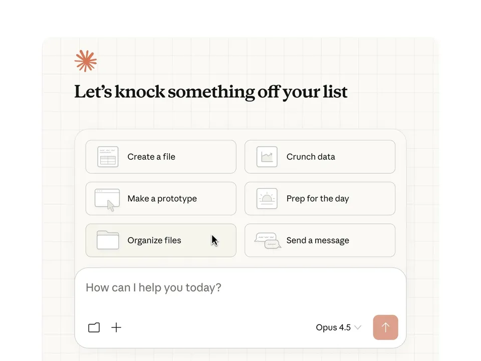 Claude Cowork interface showing task cards for Create a file, Crunch data, Make a prototype, and more