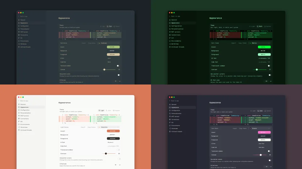 Four Codex app themes shown side by side with different color schemes including dark, green, light, and purple variants