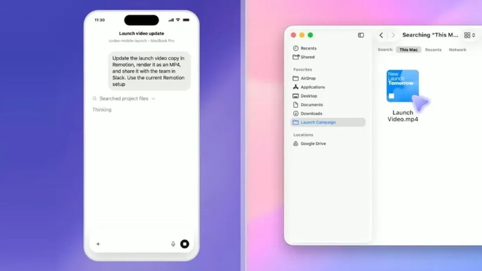 ChatGPT mobile app showing a Codex session on iPhone alongside a Mac Finder window, demonstrating the remote connection
