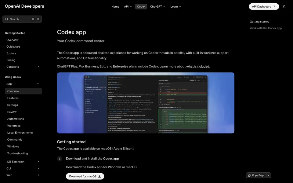 OpenAI Codex app overview page showing the multi-panel desktop application interface with code editing and agent threads