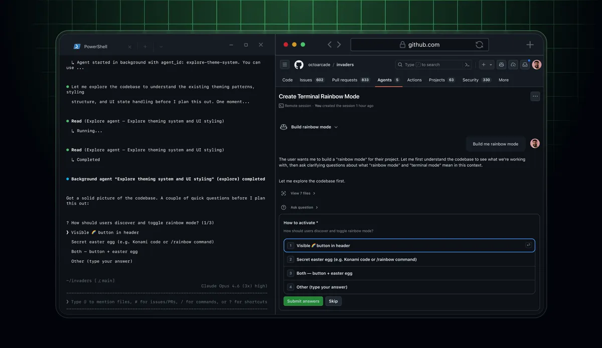 GitHub Copilot CLI session shown on a laptop with a phone showing the same session's remote control interface