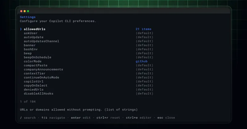 GitHub Copilot CLI showing the new /settings slash command interface