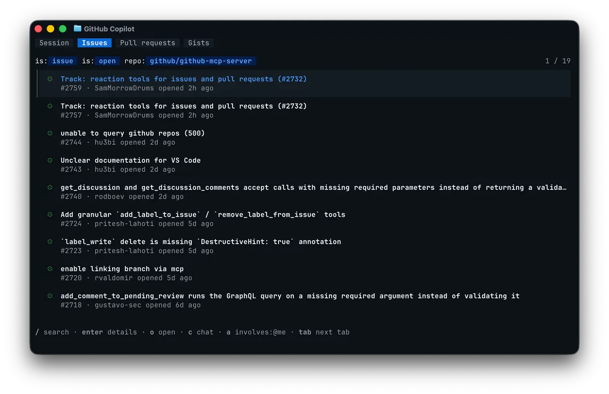 GitHub Copilot CLI showing the new tabbed interface with Issues tab open, listing repository issues in the terminal