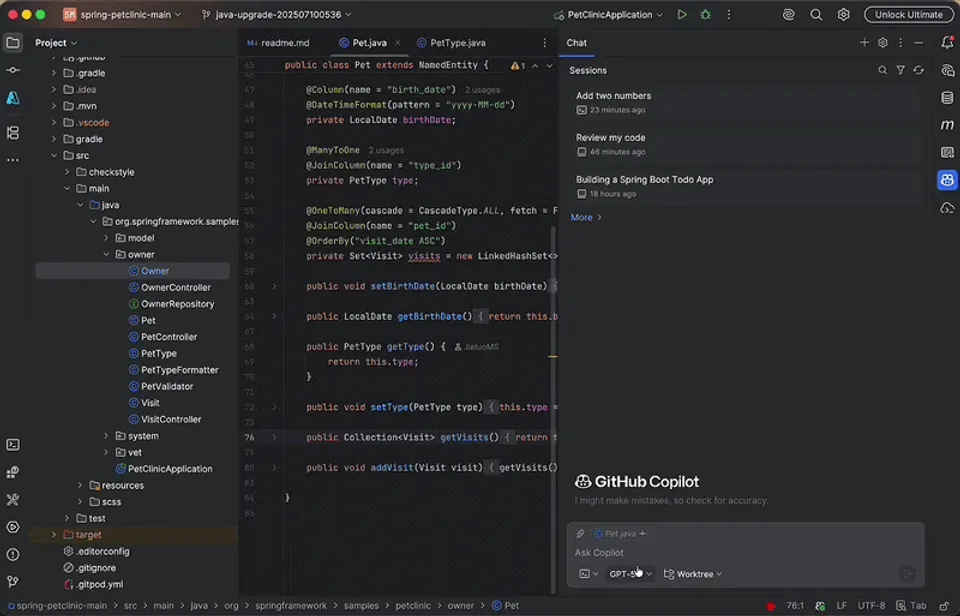 GitHub Copilot CLI agent in JetBrains IDE showing task delegation with the unified sessions view