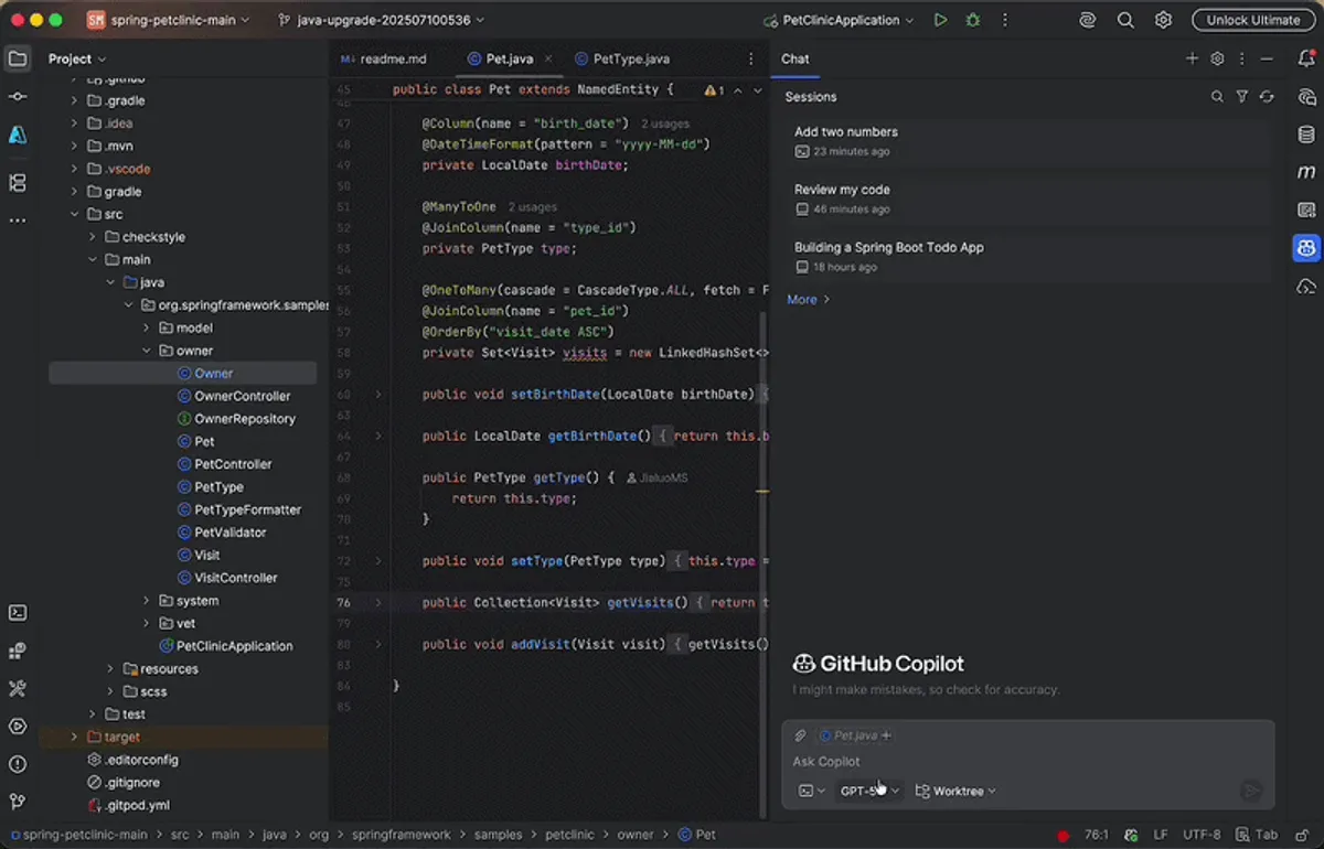 GitHub Copilot CLI agent in JetBrains IDE showing task delegation with the unified sessions view