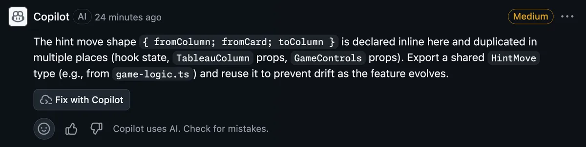 GitHub Copilot code review comment showing a High severity label in the top-right corner and a suggested change for improving variable naming