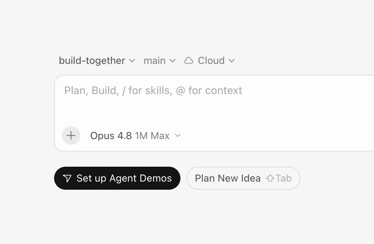 Cursor 3.7 agent input bar showing the Cloud environment selector and Opus 4.8 model