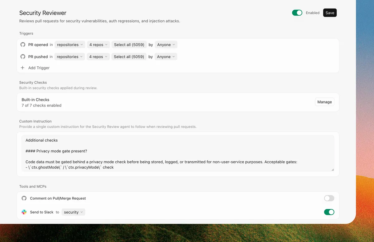 Cursor Security Reviewer leaving inline comments on a pull request diff showing severity and remediation guidance