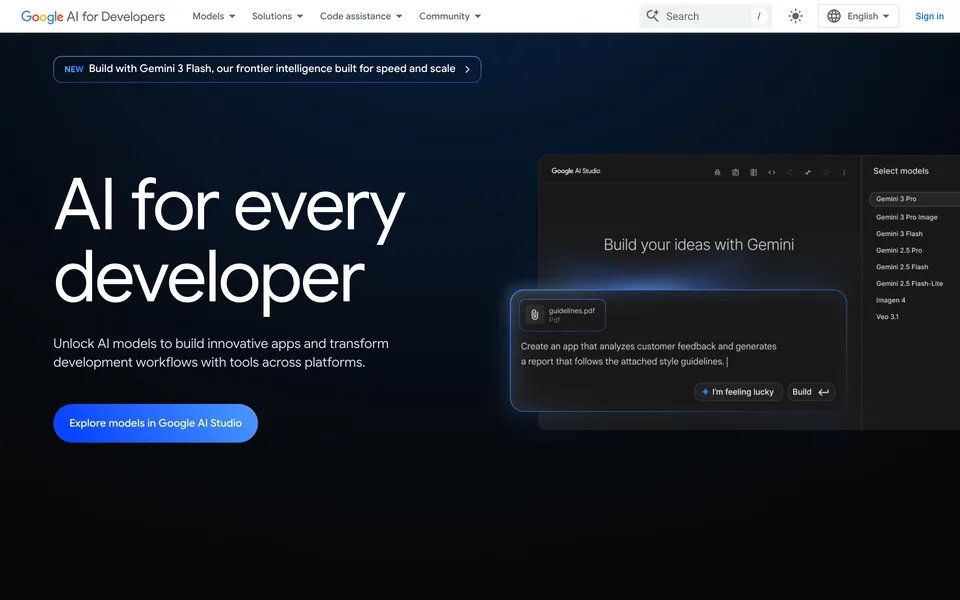 Google AI for Developers landing page showing AI Studio interface with model selection and the tagline AI for every developer