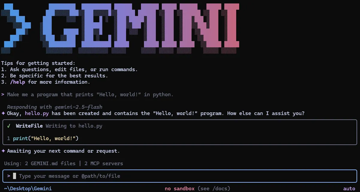 Gemini CLI terminal interface showing the AI assistant responding to a code request