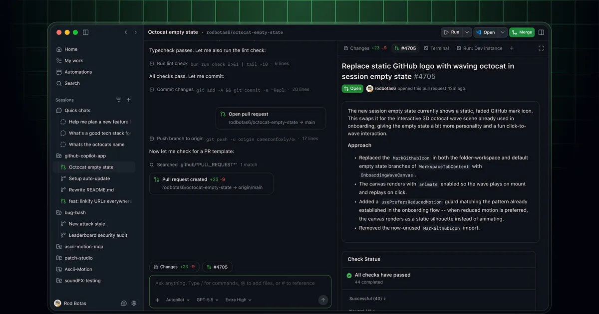 GitHub Copilot App desktop interface showing an open pull request and agent work surface