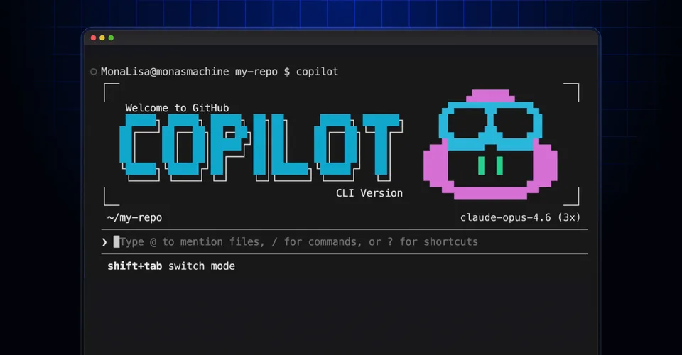 GitHub Copilot CLI welcome screen showing the terminal interface with model selection and session management