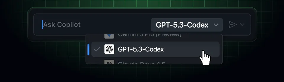 GPT-5.3-Codex selected in the GitHub Copilot model picker for Business and Enterprise plans