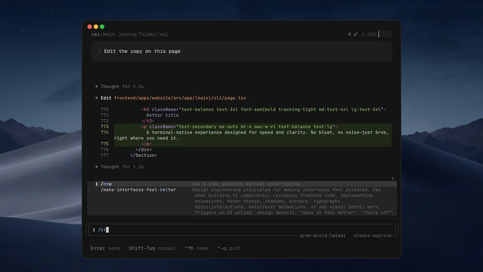Grok Build CLI running in a terminal, showing the agent editing a TSX file with its plan and output interface