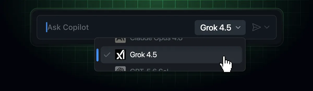 GitHub Copilot model picker showing Grok 4.5 as a selectable model