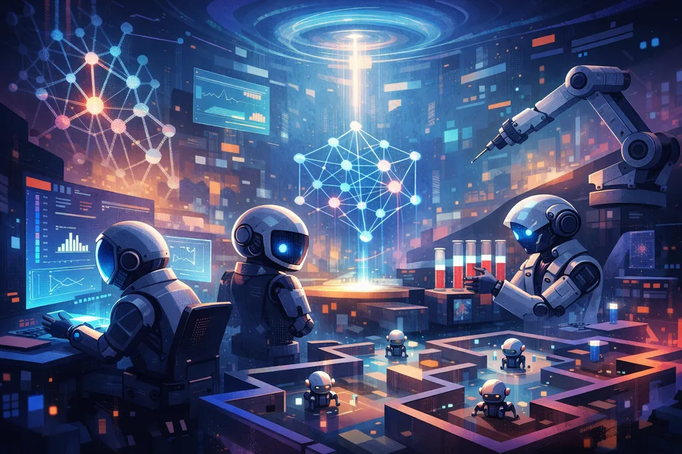 AI robots autonomously running experiments in a futuristic research lab