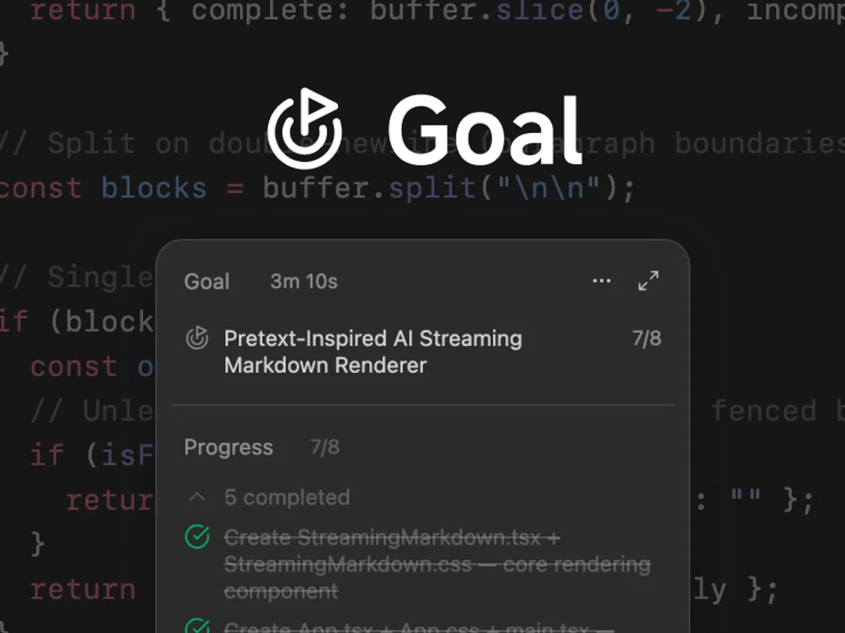 ZCode's Goal interface showing an active coding agent session