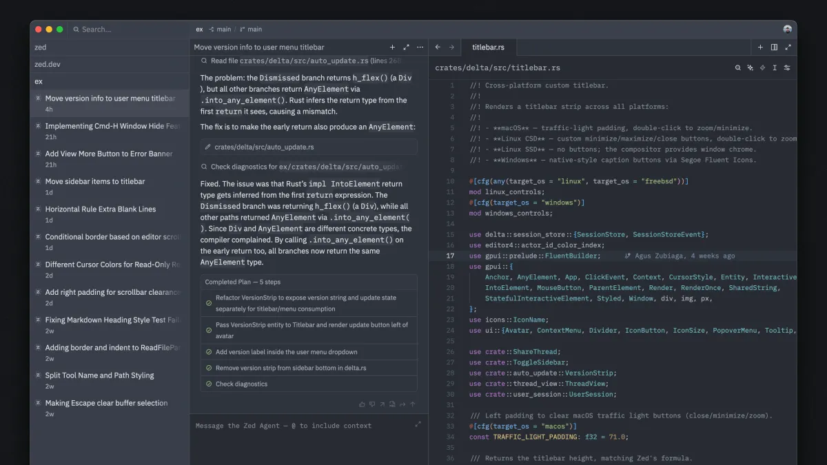 Zed 1.0 editor showing the new interface with agent threads and parallel sessions