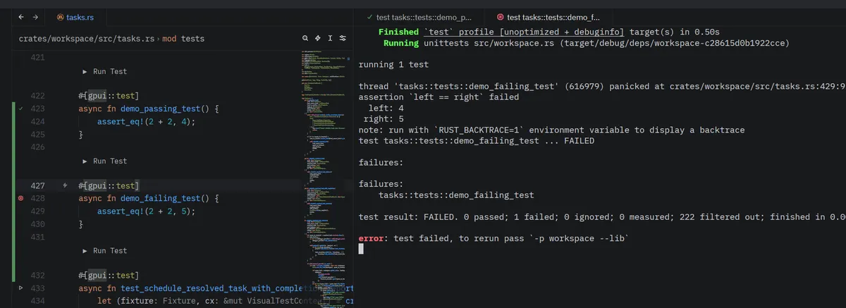 Zed editor gutter showing run-status indicators after test runs with pass and fail icons
