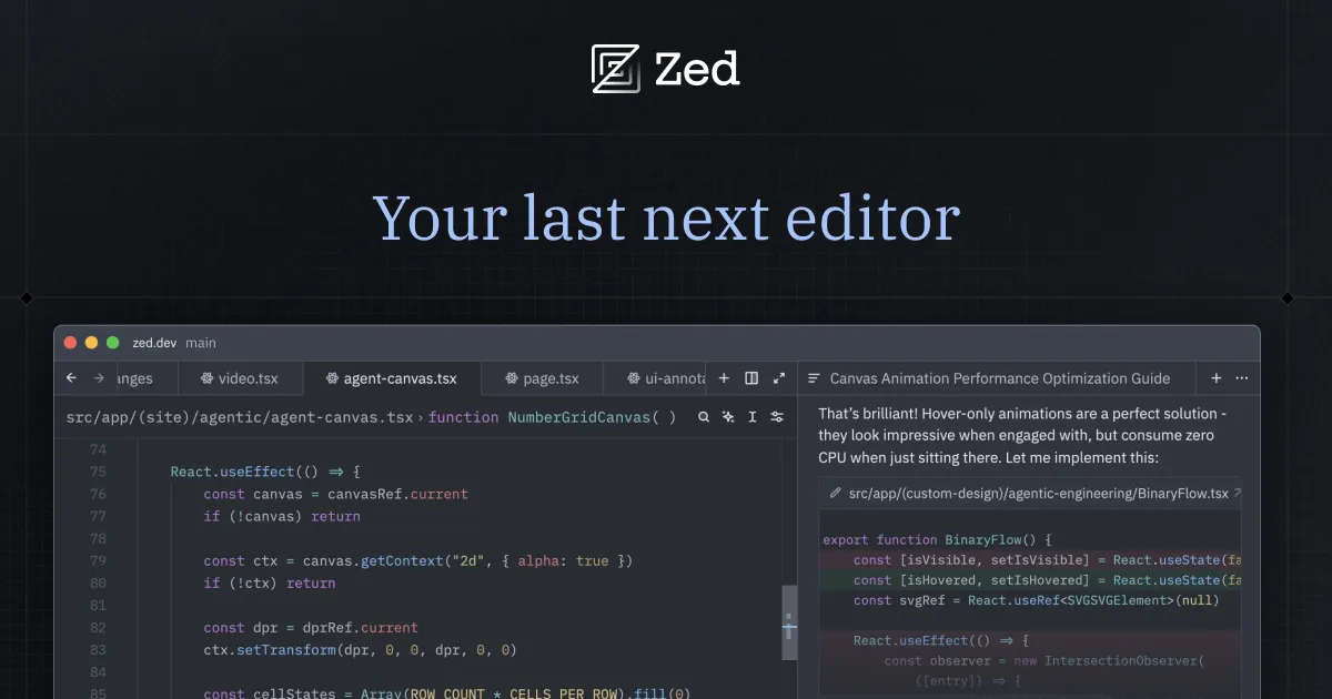 Zed editor interface showing the agent panel and code editing surface