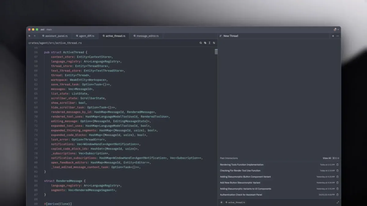 Zed editor showing the agent panel with an ongoing coding session